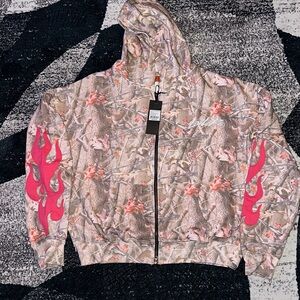 Camo Hooded Jacket with Pink Flame Accents